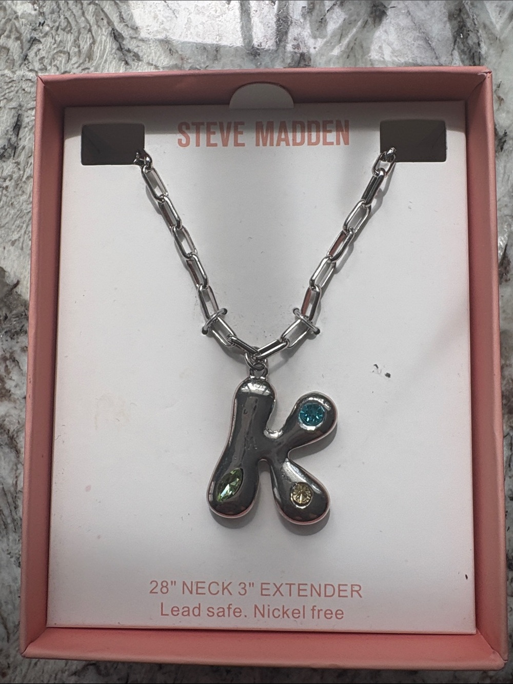 Steve Madden “K” 28 inch necklace paper clip chain
